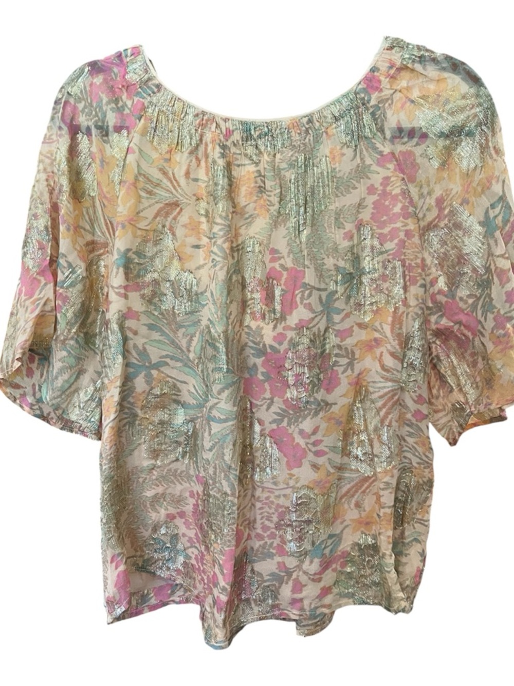 LOFT Floral Metallic Puff-Sleeve Blouse - Pink, Gold & Blue